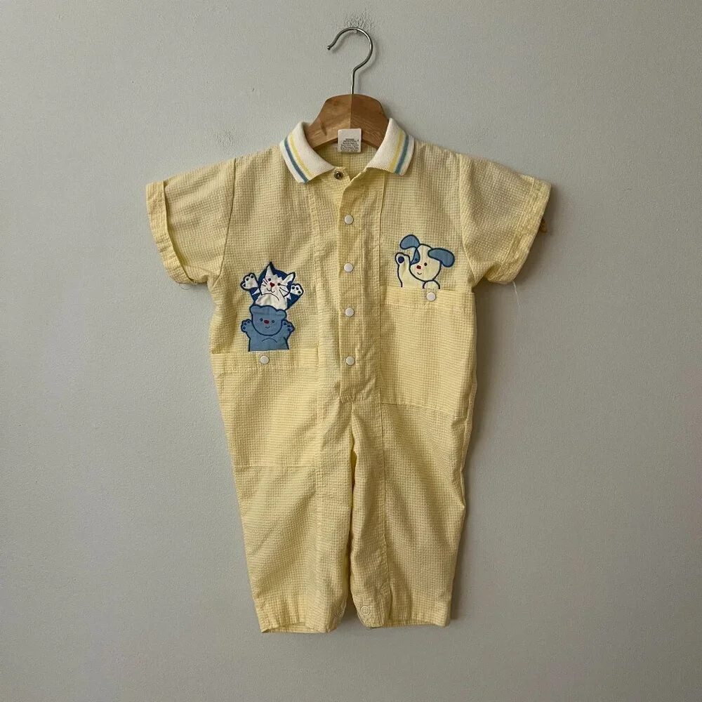 Vintage Yellow Seersucker Puppy Kitten Romper Size 6-9 Months